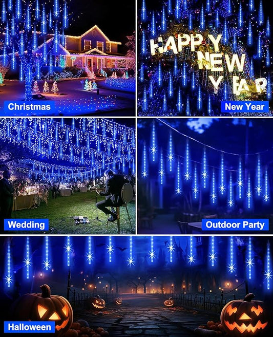 EAGWELL Christmas Lights Outdoor, 20 Inch 20 Tubes 1080 LED Blue Meteor Shower Lights, Cascading Snow Falling Icicle for Xmas Tree Yard Halloween Wedding Party Decor