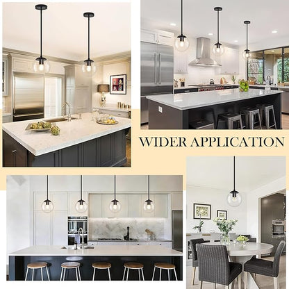 Bagood 6" Globe Pendant Light Black 2 Pack Mid Century Pendant Light Globe Pendant Lights Kitchen Island Matte Black Finished with Clear Glass Adjustable Ceiling Light Fixtures for Dining Room Bar