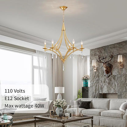 Modern Gold Crystal Chandelier, 6-Lights Farmhouse Chandeliers for Dining Room Light Fixtures Hanging Pendant Light, Modern Candle Chandelier for Bedroom Foyer Living Room Kitchen Island Entryway