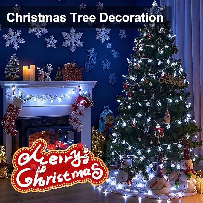 Christmas Decorations Lights, 8 Modes Timer with Remote 33 Ft 100 LED Battery Operated Fairy Lights Waterproof for Bedroom Patio Room Garden Party Home Xmas Tree Decor Indoor Outdoor, White