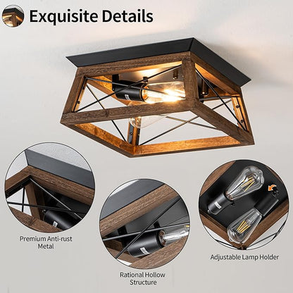 Rpzloila Farmhouse Ceiling Light, 2-Light Flush Mount Light Fixture with Metal and Wood Design, Rustic Light Fixture for Kitchen, Entryway, Hallway, Bedroom