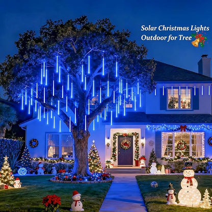JMEXSUSS Solar Christmas Lights Outdoor, 8 Tube 144 LEDs Solar Meteor Shower Lights Outdoor, Hanging Blue Christmas Light for Tree Icicle Garden Yard Patio Gazebo Party Xmas Decor