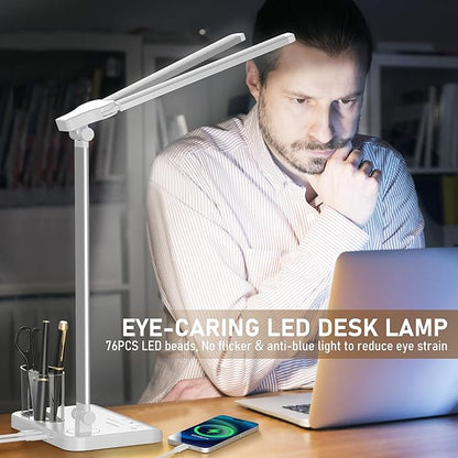 LED Desk Lamp Dimmable Table Lamp with USB Charging Port, 50 Lighting Modes, Adjustable Foldable Dual Swing Arm Architect Desk Lamp for Home Office, Eye-Caring Reading Lamp w/Pen Holder 45min Timer