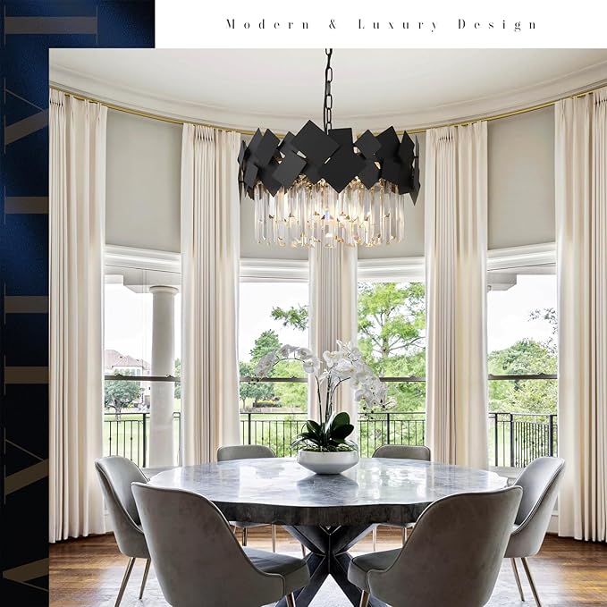 A AXILIXI Modern Crystal Chandelier Black Round Chandelier for Dining Room, Drum Pendant Light Fixture 7-Light 20” Luxury Ceiling Light Contemporary for Entryway Foyer Bedroom