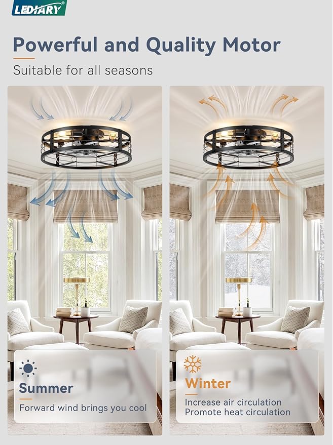 LEDIARY 20" Caged Ceiling Fan with Light and Remote, Low Profile Flush Mount Fandelier, Black Bladeless Enclosed Small Fan Lights Ceiling Fixtures, Rustic Farmhouse Style for Bedroom, Outdoor