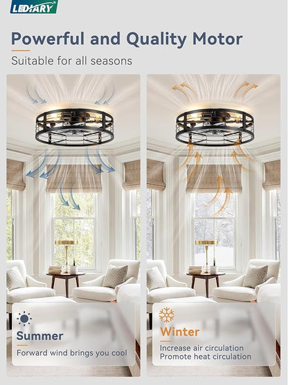 LEDIARY 20" Caged Ceiling Fan with Light and Remote, Low Profile Flush Mount Fandelier, Black Bladeless Enclosed Small Fan Lights Ceiling Fixtures, Rustic Farmhouse Style for Bedroom, Outdoor