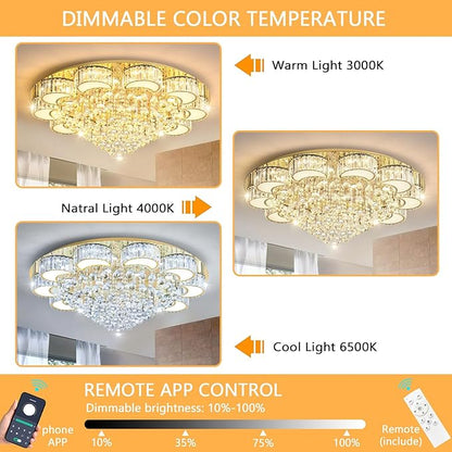 39.4" Gold Modern Crystal Chandeliers for Dining Room LED Dimmable Light Fixtures Flush Mount Light Living Room Bedrooms