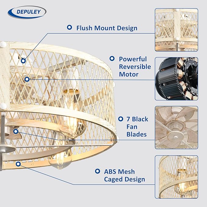 Depuley Flush Mount Ceiling Fan: 20" Caged Ceiling Fans with Lights and Remote Control for Kitchen Bedroom Farmhouse - Rustic Low Profile Ceiling Fandelier Lights Reversible 6 Speed Timer Cement
