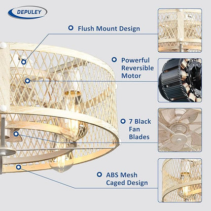 Depuley Flush Mount Ceiling Fan: 20" Caged Ceiling Fans with Lights and Remote Control for Kitchen Bedroom Farmhouse - Rustic Low Profile Ceiling Fandelier Lights Reversible 6 Speed Timer Cement