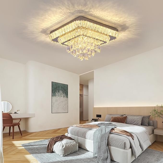 COCOSTAR Crystal Chandeliers, Modern Led Luxury Chandelier, 25" Suqare Flush Mount Chandelier Ceiling Light, Chandeliers for Dining Room, Living Room, Bedroom