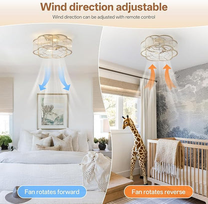 20" Gold Ceiling Fans with Lights Flush Mount, Gold Crystal Ceiling Fan with Light Remote Control, Mid-Century 6 Speeds for Bedroom, Living Room, Nursery