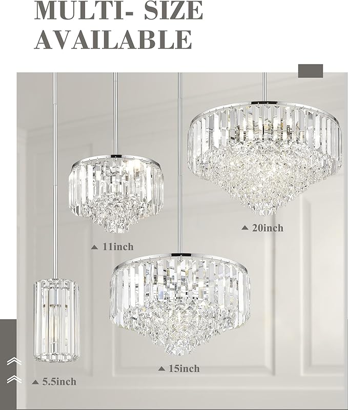 Crystal Chandelier, 4-Tier Modern Chandelier with Polished Chrome Finish, Pendant Light for Dinning Room Kitchen Island Bedroom Entryway, CC4215-3W-PC