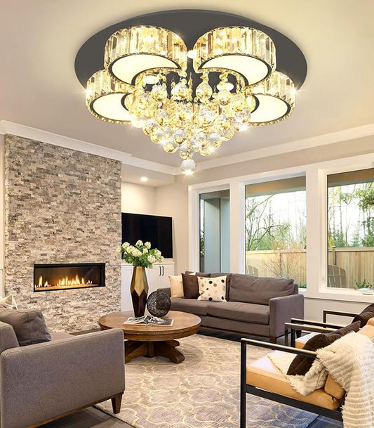 23.6" Black Modern Crystal Chandeliers for Dining Room LED Dimmable Light Fixtures Flush Mount Light Living Room Bedrooms