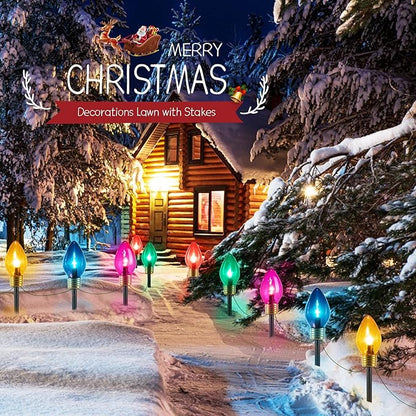 Brightown Jumbo C9 Christmas Lights Outdoor Decorations Lawn with Pathway Marker Stakes, 8 Feet LED Lights Covered Jumbo Multicolored Light Bulb for Holiday Outside Yard Garden Decor, 5 Lights