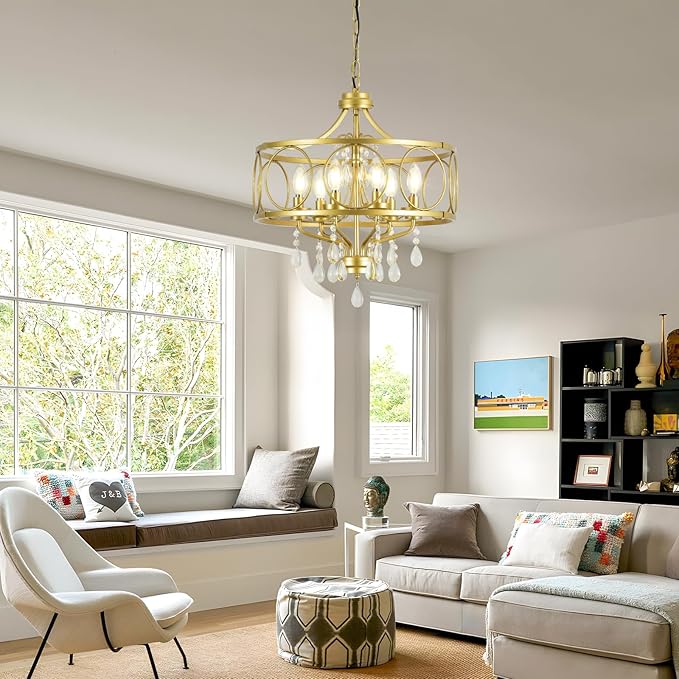 6-Light Modern Gold Crystal Chandelier Dining Room Pendant Lighting Fixture for Farmhouse Bedroom Living Room Kitchen Entryway E12 Bulbs Not Included