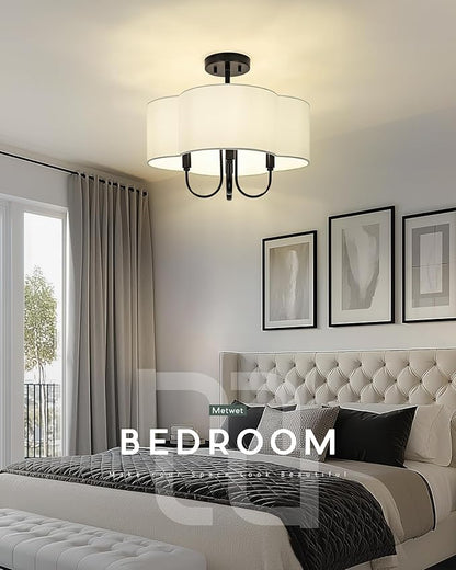 18" Semi Flush Mount Ceiling Light, 4-Light Vintage Light Fixtures Ceiling Mount with Fabric Shade in Quatrefoil for Kitchen Nursery Entryway Hallway Bedroom, Matte Black, SM179-MB-L