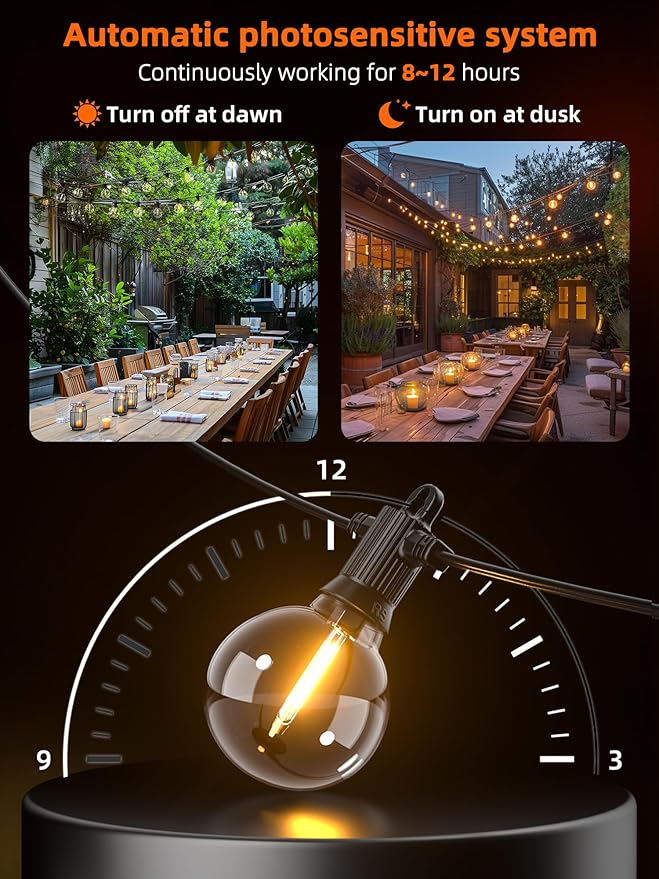 Kawaya Outdoor Solar String Lights, IP65 Waterproof Shatterproof Edison Hanging Lights with USB-Charging LED Solar Patio Light for Yard Fence Porch Camping Party and Garden Decor