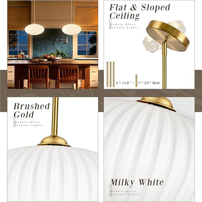12" Milky White Glass Modern Pendant Light Kitchen Island 2 Pack Brushed Gold Mid Century Modern Pendant Lighting with Frosted Glass Hanging Pendants Light for Bedroom（Bulb Incl.）
