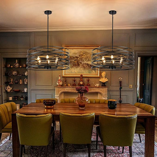 Sigaitwei 6-Light Dining Room Chandeliers Farmhouse，23.6" Large Black Farmhouse Chandelier，Wood Grain and Vintage Black Dining Room Light Fixture for Kitchen Entryway Living Room