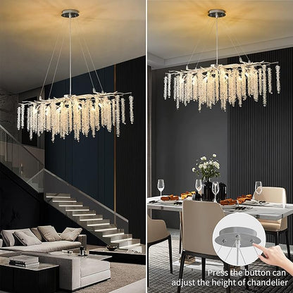 Modern Rectangle Crystal Tree Branch Chandelier, L40'' Silver Linear Art Deco Raindrop Indoor Hanging Pendant Light Fixture for Kitchen Island Dining Room Living Room Foyer 13 Lights