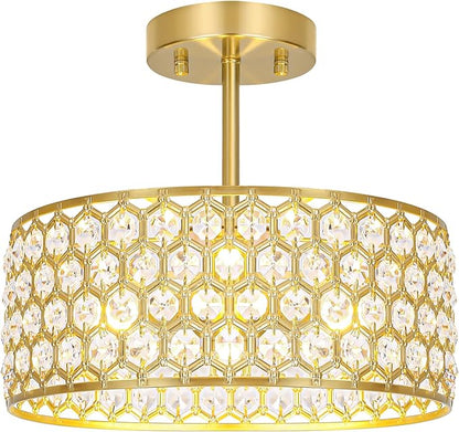 Lxybcce Gold Crystal Ceiling Light Fixture - Modern Semi Flush Mount Ceiling Light for Hallway, Kitchen Lighting Fixtures Ceiling, Dazzling Prism Chandelier for Foyer Closet Bedroom, 3 Light, 12 in