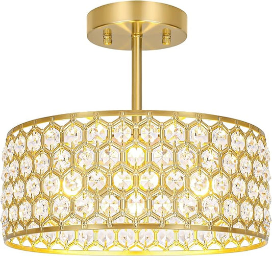 Lxybcce Gold Crystal Ceiling Light Fixture - Modern Semi Flush Mount Ceiling Light for Hallway, Kitchen Lighting Fixtures Ceiling, Dazzling Prism Chandelier for Foyer Closet Bedroom, 3 Light, 12 in