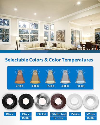 Recessed Ceiling Lights LED Downlight - 5/6 inch LED Recessed Light Fixtures - Selectable CCT 2700K-5000K, 918 Lumens, 10.3W - DLR56 Retrofit Ceiling Light, White Baffle, 12-Pk by NICOR Lighting