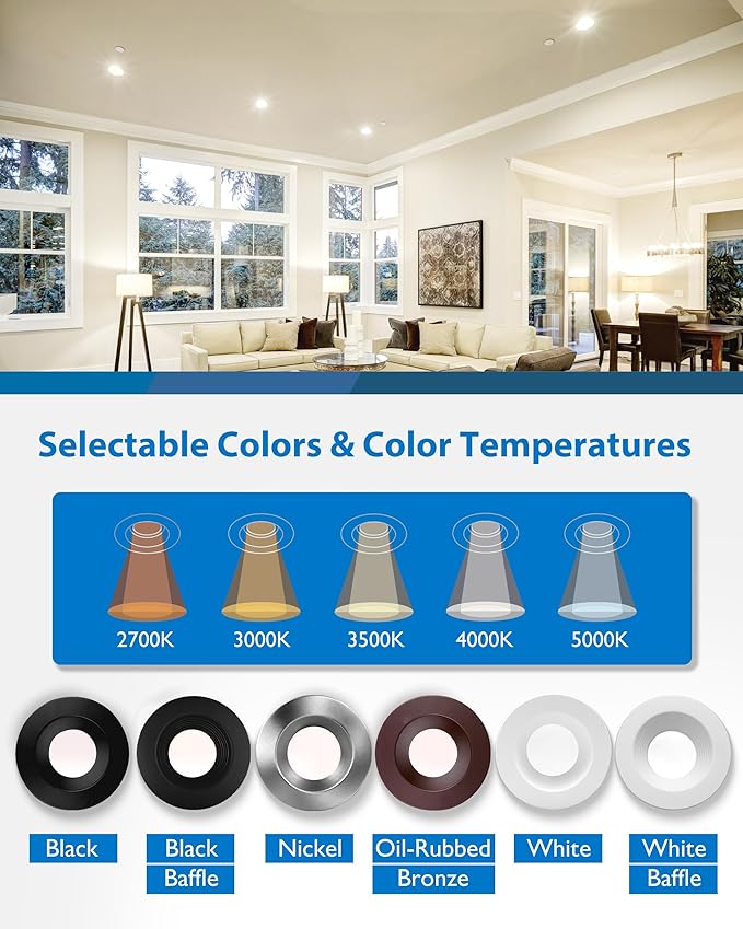 Recessed Ceiling Lights LED Downlight - Dimmable 5/6 inch LED Recessed Light Fixtures - Selectable CCT 2700K-5000K, 918 Lumens, 10.3W - DLR56 Retrofit Ceiling Light, Black, 12-Pk by NICOR Lighting
