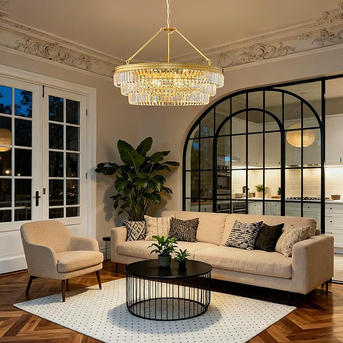 Gold Modern Round Crystal Chandelier: 28" K9 Crystal 6-Light Contemporary Chandeliers for Dining Room Light over Table - 3 Tiers Light for Bedroom Living Kitchen Entryway Foyer E12 Socket Exclude Bulb