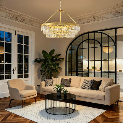 Gold Modern Round Crystal Chandelier: 28" K9 Crystal 6-Light Contemporary Chandeliers for Dining Room Light over Table - 3 Tiers Light for Bedroom Living Kitchen Entryway Foyer E12 Socket Exclude Bulb