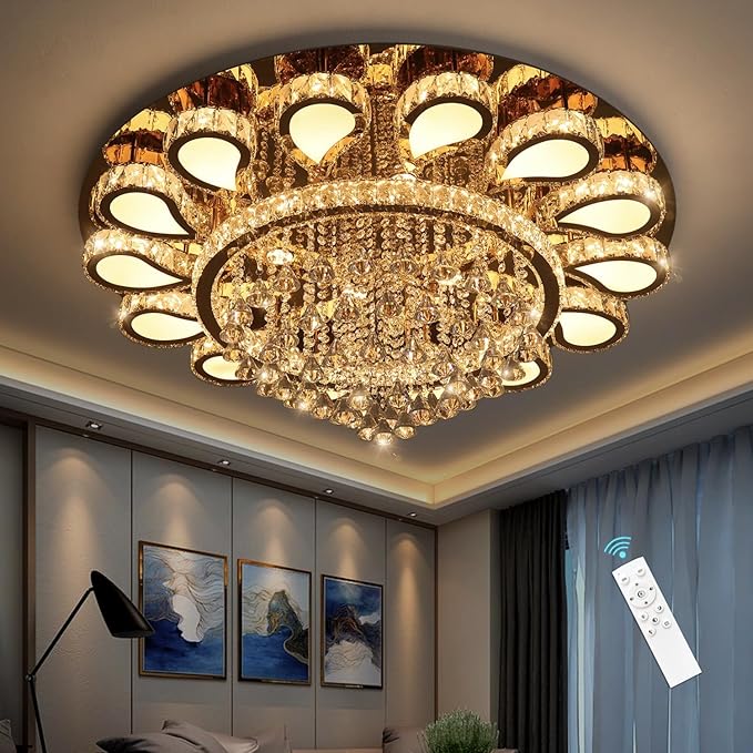 HAIXIANG Glam Crystal Chandelier for Living Room Dining Room Lights Sloped Ceiling Light Fixtures Luxury Modern Remote Dimmbale Lighting Gold 40 Inches