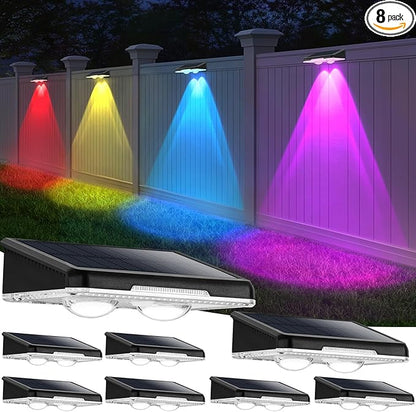Solar Fence Lights Outdoor 8-Pack, Waterproof Solar Powered LED Fence Deck Light with Warm White & 6 RGB Colors & 2 Lighting Modes for Deck, Step, Stair, Fence, Outside, Patio, Garden, Backyard
