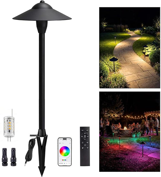 RGBCW Smart Low Voltage Path Light, 12v Black Landscape Lighting with Bluetooth APP Control, Dimmable Warm/Daylight 2700K-6500K G4 Bulb, Large Hat IP65 Waterproof for Walkway Yard 1 Pack