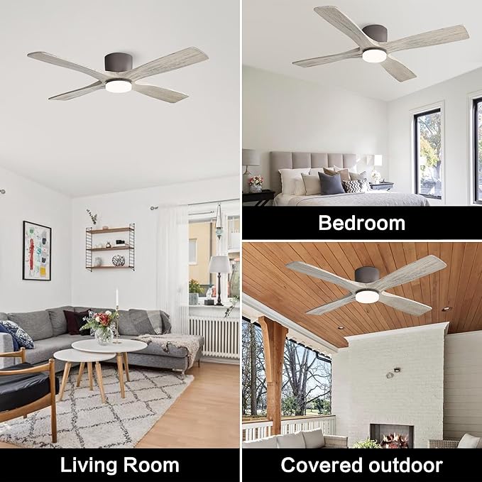 WINGBO 54 Inch Flush Mount DC Ceiling Fan with Lights and Remote, 4 Reversible Carved Wood Blades, 6-Speed Noiseless DC Motor, Hugger Ceiling Fans in Graphite Finish with Barn Wood Blades