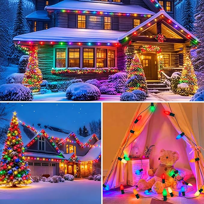 50FT C7 LED Multicolor Christmas Lights, Outdoor String Lights with 55 Multicolor LED Ceramic Bulbs(5 spare), Vintage Christmas Lights for Indoor Outdoor Xmas Tree Home Party Decorations, Green Wire