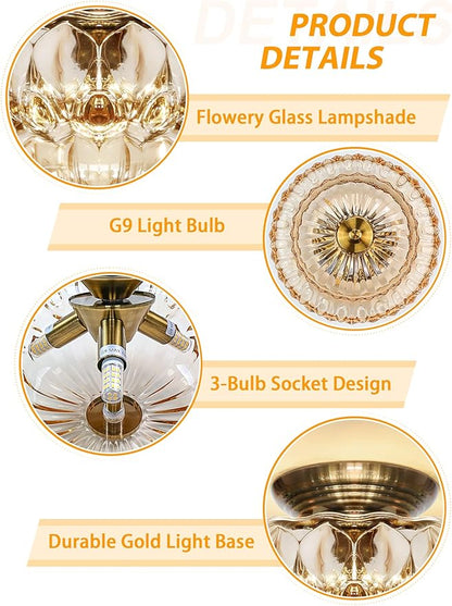 Semi Flush Mount Ceiling Light,11IN Vintage Gold Hallway Lights Fixture,3-Bulb Globe Amber Glass Close to Ceiling Light for Bathroom, Hallway, Dining Room,Bulb Not Included