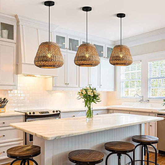 Brown Rattan Pendant Light 13.8in Farmhouse Woven Chandelier Rattan Lights Fixture Over Island Rustic Wicker Hanging Ceiling Lighting for Dining Room Kitchen Bedroom Entryway Restaurant Bar