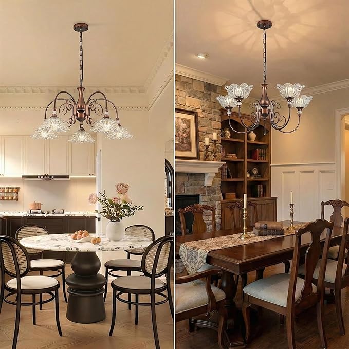 5-Light Vintage Chandeliers in Antique Red Bronze Finish with Crystal Glass Shades, Retro Chandelier Light for Dining Room, Hallway, Kitchen