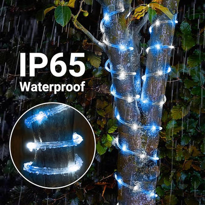 Solar Rope Lights, 2 Packs Total 66ft 200LED Solar String Lights, 8 Modes Waterproof Solar Powered Outdoor Light, Flexible Clear Tube Light for Garden Yard Patio Deck Porch Tree Xmas Decor-White&Blue