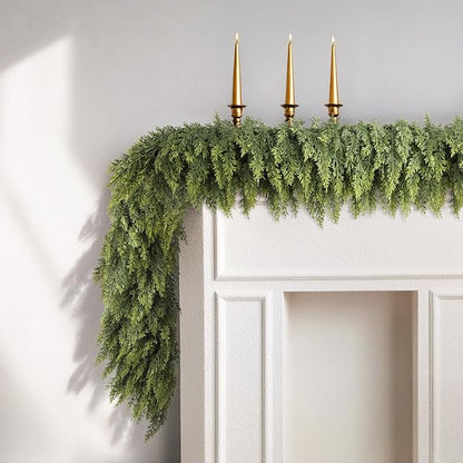 N&T NIETING 9ft Christmas Cedar Garland with Realistic Soft Thickness Pine, Artificial Green Faux Cedar Pine Garland for Fireplace Mantle Fireplace Indoor Outdoor Holiday Party Home Decoration