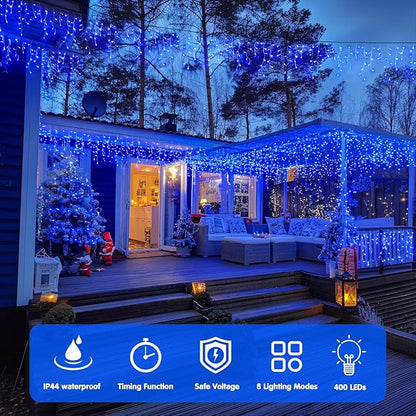 JMEXSUSS 400 LED Blue Icicle Lights for Outdise, 38.8 FT Christmas Icicle Lights Indoor Outdoor with 80 Drops, Blue Christmas Light with Remote Plug in for House Fireplace Christmas Decorations