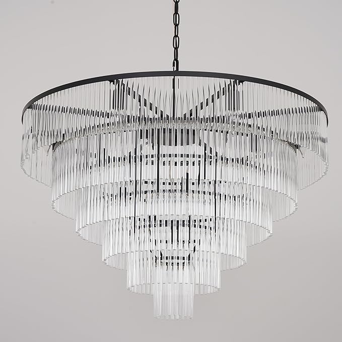 Modern Multi-Tier Crystal Chandelier 6-Tier Round Black Finish Ceiling Light -Cylindrical Glass Rods -Dining Room Living Room Bedroom Entryway -Luxury Lighting Fixture 35.5''