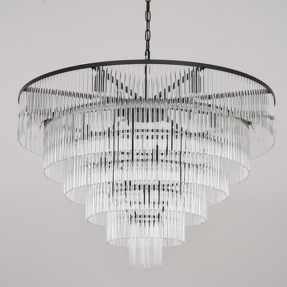 Modern Multi-Tier Crystal Chandelier 6-Tier Round Black Finish Ceiling Light -Cylindrical Glass Rods -Dining Room Living Room Bedroom Entryway -Luxury Lighting Fixture 35.5''
