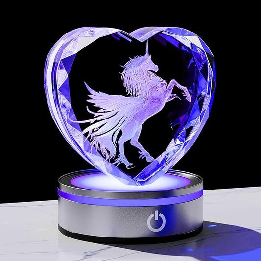 Qianwei Unicorn Gifts for Women 3D Crystal Heart - Laser Unicorn Decor Glass Animals Unicorn Gifts Figurines Statue Stuff for Room Decorations Unicorn Night Light