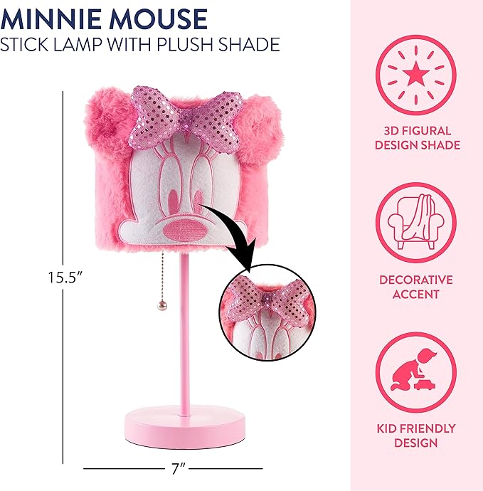 Idea Nuova Disney Minnie Mouse Table Lamp,Plush Pink Base with Decorative Shade, Kids Bedroom or Nursery Lighting, Cute Character Lamp for Girls