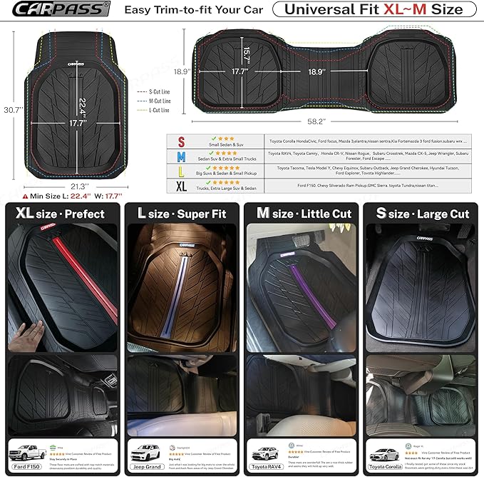 CAR PASS DeepDish Heavy Duty Rubber Floor Mats 3-Piece, Universal M-XL Size Trim-to-Fit Automotive Floor Mats for Truck Van SUV, Durable Waterproof All Weather Car Mats (Solid Black)