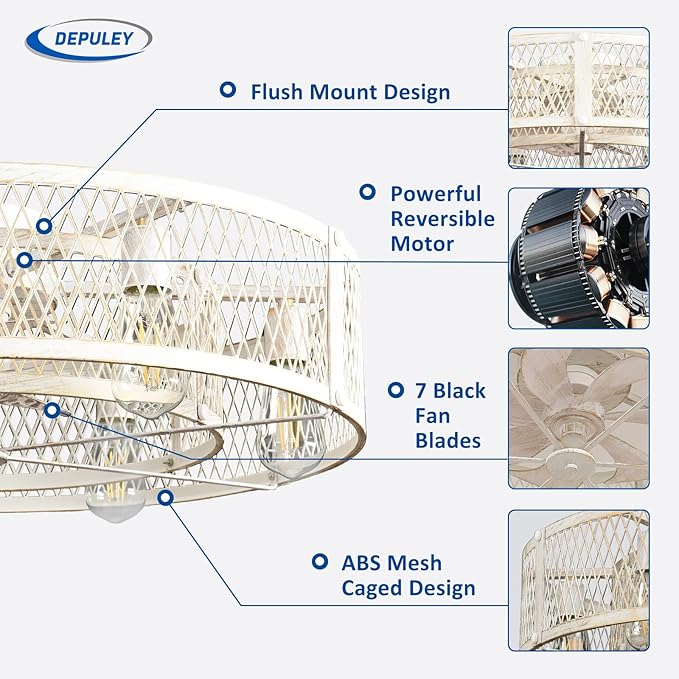 Depuley Flush Mount Ceiling Fan: 26" Caged Ceiling Fans with Lights and Remote Control for Kitchen Bedroom Farmhouse - Rustic Low Profile Ceiling Fandelier Lights Reversible 6 Speed Timer Cement