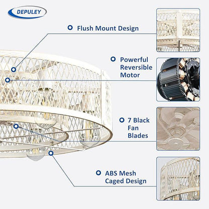 Depuley Flush Mount Ceiling Fan: 26" Caged Ceiling Fans with Lights and Remote Control for Kitchen Bedroom Farmhouse - Rustic Low Profile Ceiling Fandelier Lights Reversible 6 Speed Timer Cement