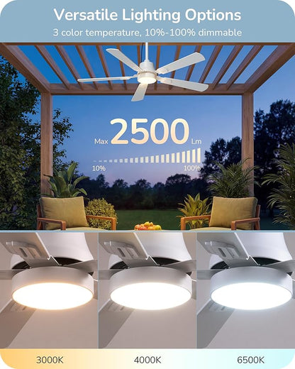 EDISHINE 52" Outdoor Ceiling Fan with Light, IP66 Waterproof Gazebo Hanging Fan, 5200 CFM, 3CCT, APP/Remote Control, 5 Wood Blade, 6-Speed Winds, Plug in Ceiling Fans for Patios Porch Pergola, White
