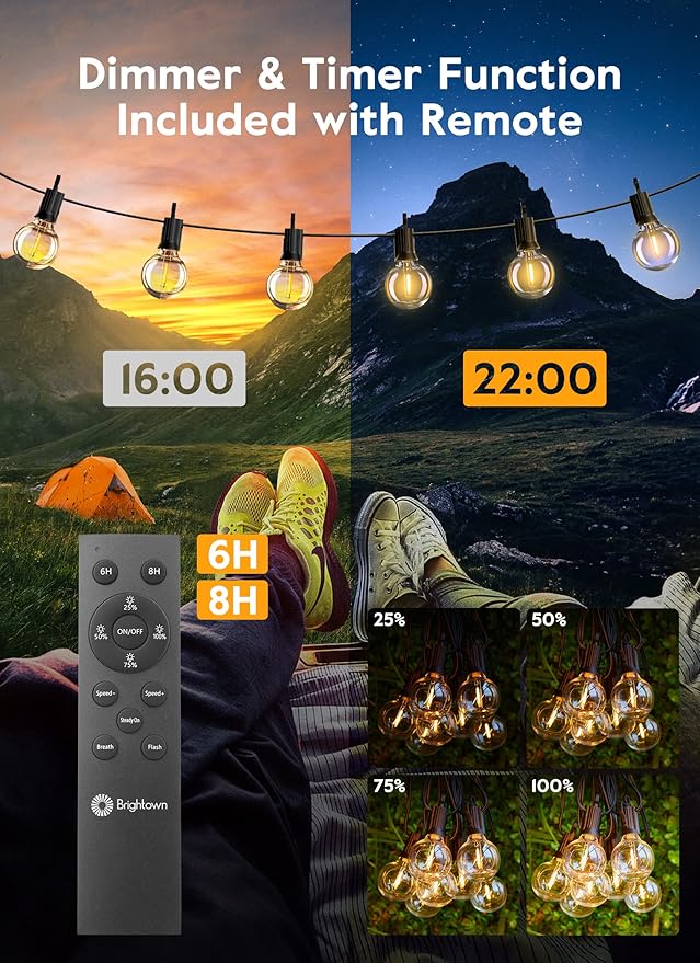 Brightown String Lights Outdoor 38Ft(28+10) with Remote Hooks and Clips, Patio String Lights for Outside with 17 Shatterproof Bulbs(2 Spare), Waterproof Dimmable Hanging Lights for Backyard Party Cafe